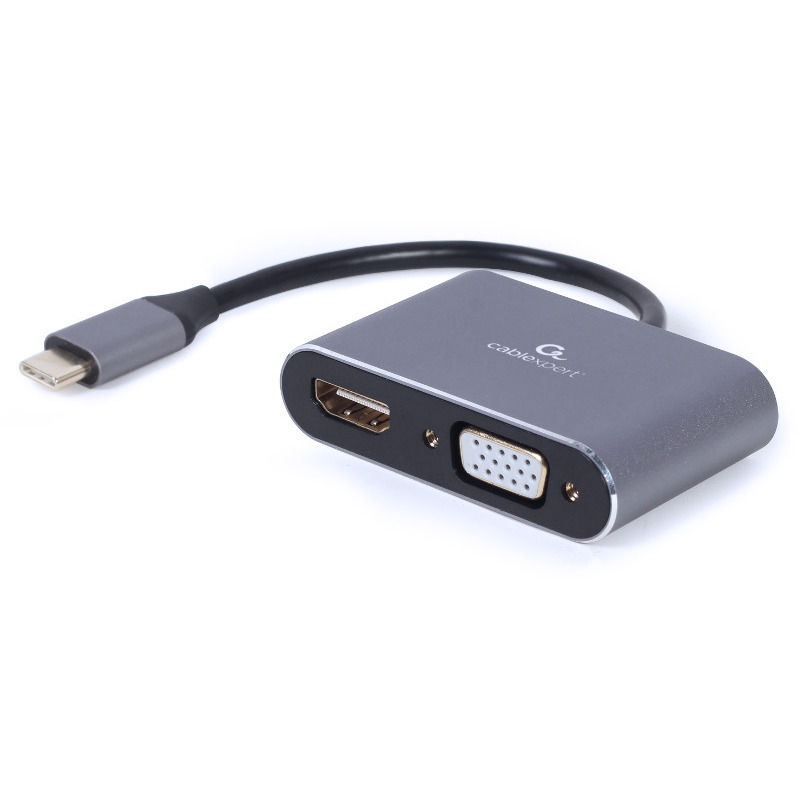ADAPTOR video GEMBIRD, adaptor USB 3.0 Type-C (T) la HDMI (M) + VGA (M), 15cm, rezolutie maxima 4K UHD (3840 x 2160) la 30Hz, gri, 