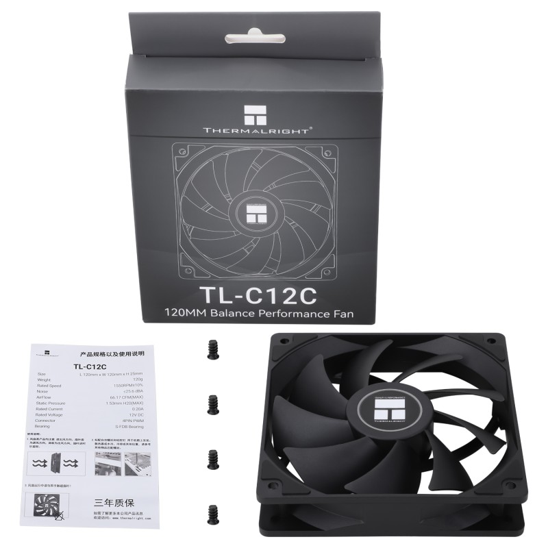 Ventilator Thermalright, 120mm, 1550 rpm, S-FDB Bearing, 66,17 cfm, fara LED, 4pin PWM, negru, 