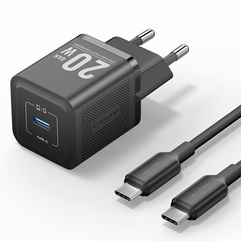 Alimentator retea Vention, 20W, PD 20W, 1 x USB-C, Cablu USB-C 1m inclus, negru, 