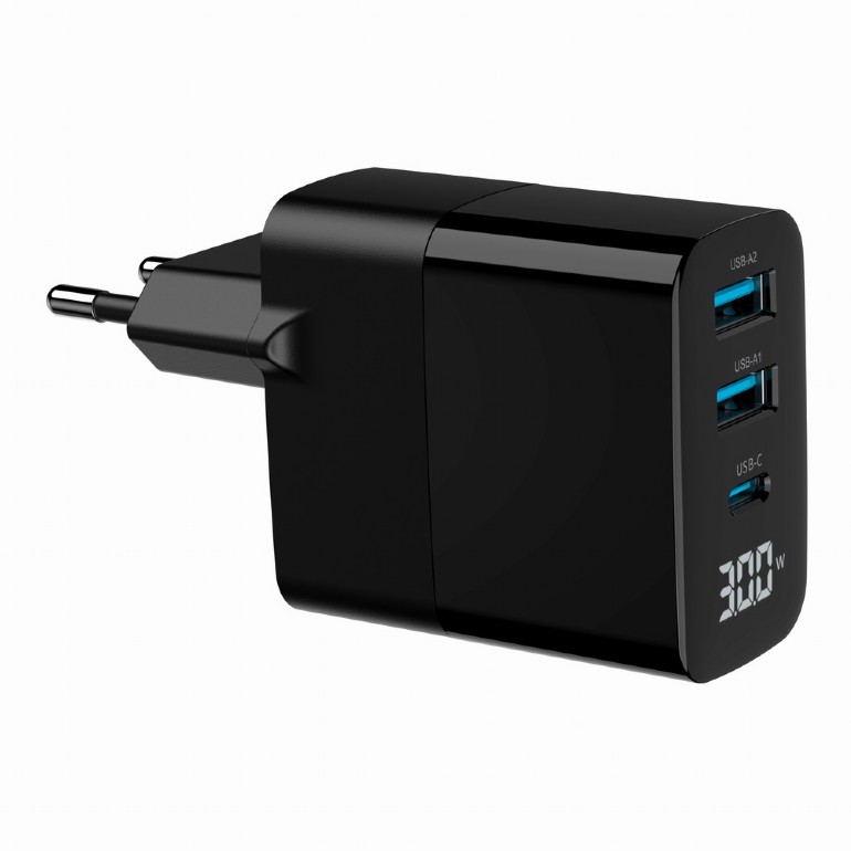 ALIMENTATOR retea 220V GEMBIRD, universal, 1 x USB Type-C D 30W, 2 x USB-A 3.0  QC 18W, LCD display, tehnologie GaN, negru, 