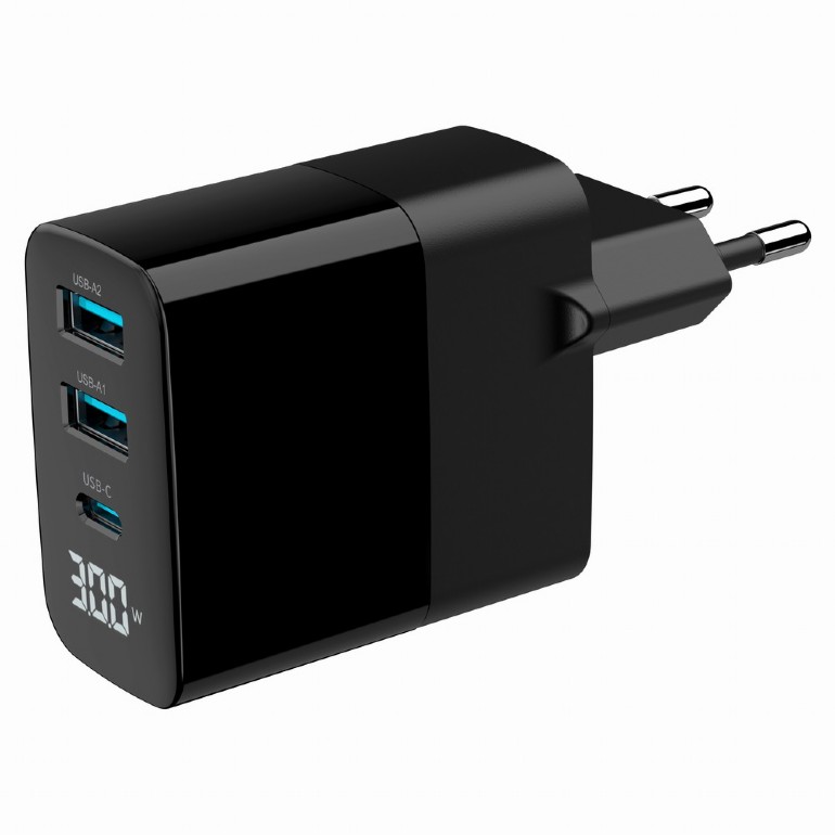 ALIMENTATOR retea 220V GEMBIRD, universal, 1 x USB Type-C D 30W, 2 x USB-A 3.0  QC 18W, LCD display, tehnologie GaN, negru, 