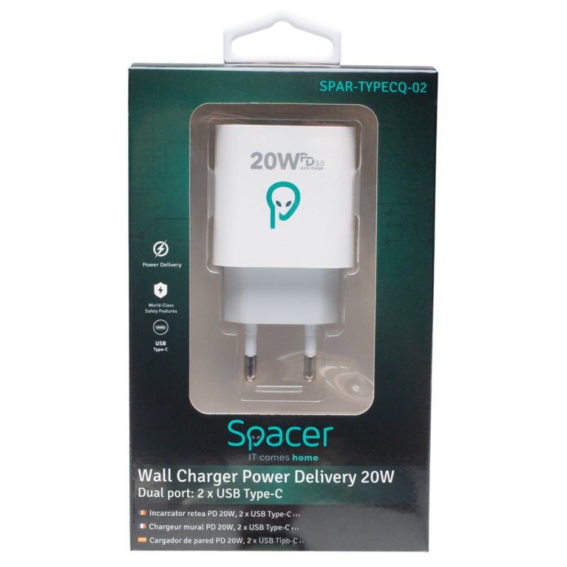 ALIMENTATOR retea SPACER Power Delivery, 2 x USB Type-C PD (max 20W) 