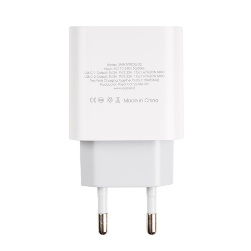 ALIMENTATOR retea SPACER Power Delivery, 2 x USB Type-C PD (max 20W) 