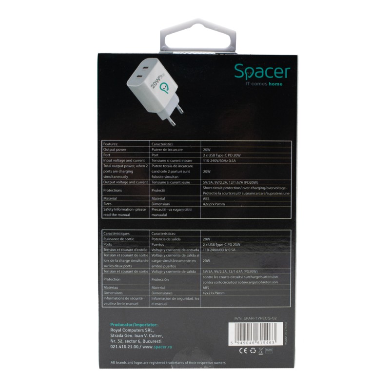 ALIMENTATOR retea SPACER Power Delivery, 2 x USB Type-C PD (max 20W) 