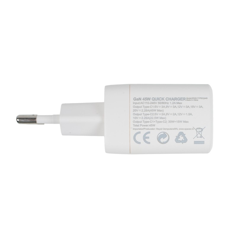ALIMENTATOR retea SPACER Power Delivery, GaN, 2 x USB Type-C PD (max 45W) 