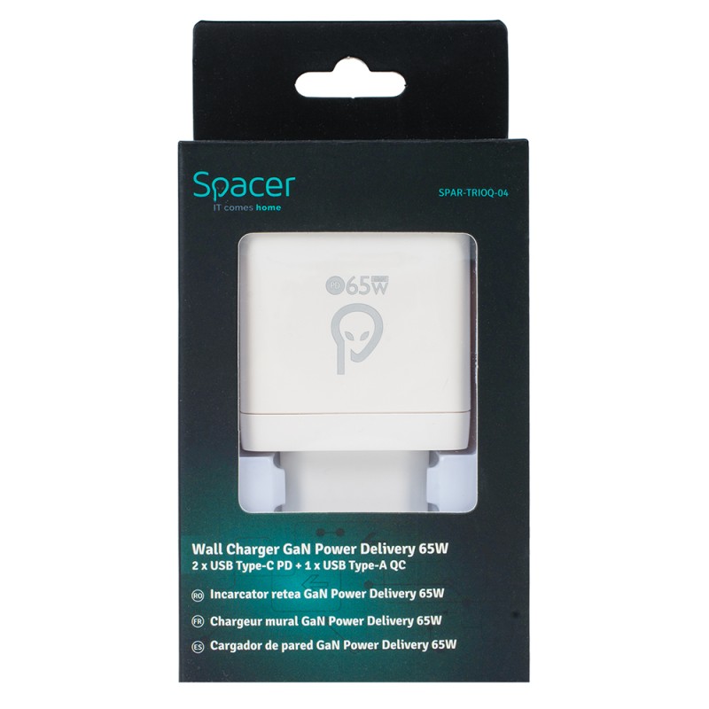 ALIMENTATOR retea SPACER, GaN, 2 x USB Type-C PD (max 65W), 1 x USB (max 60W) 