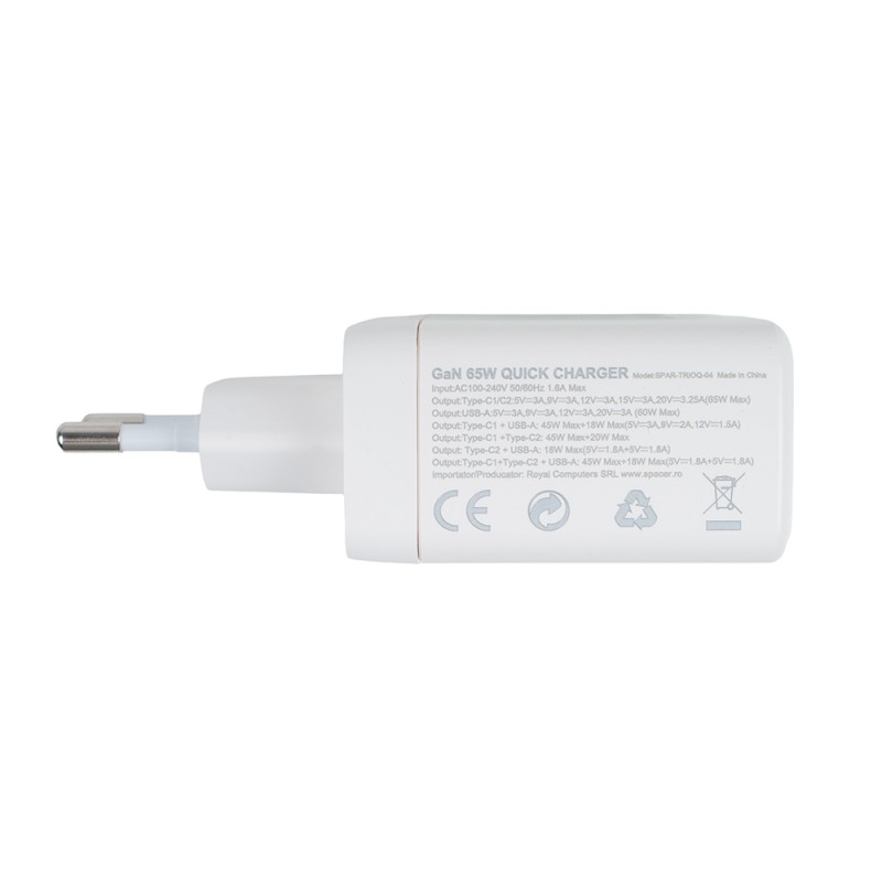 ALIMENTATOR retea SPACER, GaN, 2 x USB Type-C PD (max 65W), 1 x USB (max 60W) 