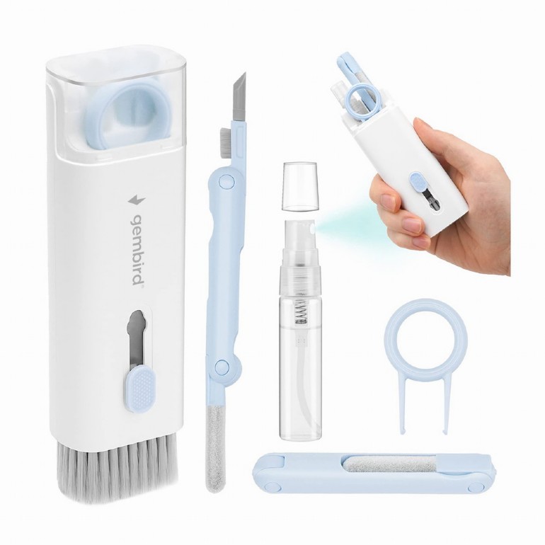 KIT curatare universal 7-in-1 GEMBIRD, 1 solutie curatare, pensula, servetel microfibra, extractor taste, burete, perie, instr. cu varf de silicon pt. curatare casti, 