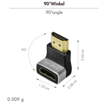 ADAPTOR video LOGILINK, HDMI (T) la HDMI (M), conectori auriti, rezolutie maxima 8K (7680 x 4320) la 60 Hz, 270 grade, negru-gri, 