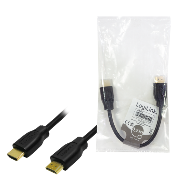 CABLU video LOGILINK, HDMI (T) la HDMI (T) 1.4, 0.2m, conectori auriti, rezolutie maxima 4K (3840 x 2160) la 30 Hz, plastic, dublu ecranaj, negru, 