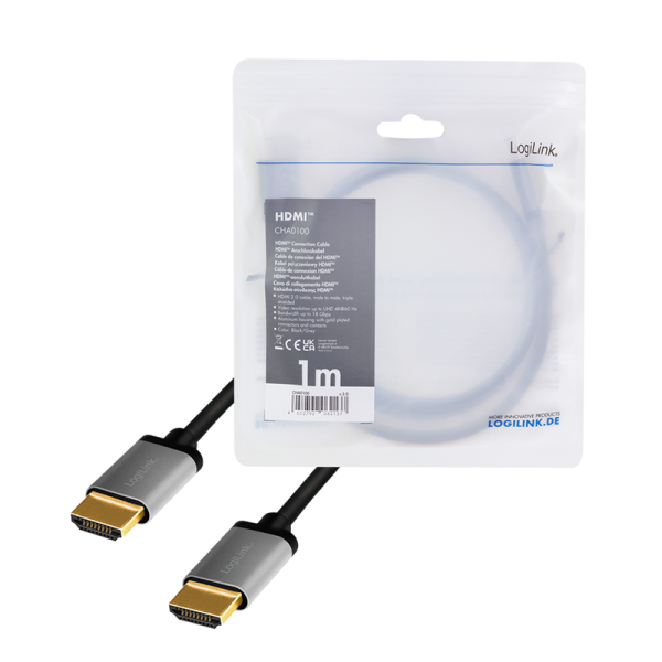 CABLU video LOGILINK, HDMI (T) la HDMI (T) 2.0, 1m, conectori auriti, rezolutie maxima 4K (3840 x 2160) la 60 Hz, aluminiu, triplu ecranaj, negru-gri, 
