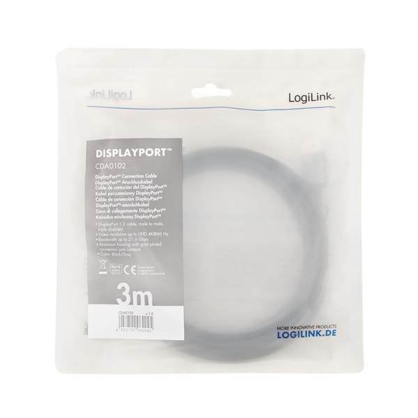CABLU video LOGILINK, DisplayPort (T) la DisplayPort (T) 1.2, 3m, conectori auriti, rezolutie maxima 4K (3840 x 2160) la 60 Hz, aluminiu, triplu ecranaj, negru-gri, 
