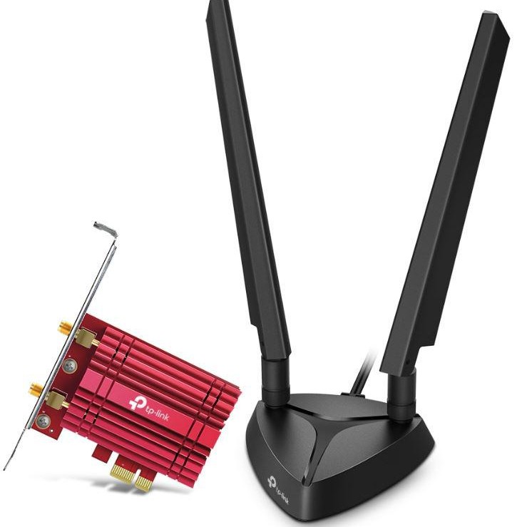 ADAPTOR RETEA TP-LINK AXE5400, extern wireless 2.4 GHz | 5 GHz | 6GHz, PCI-E port, 5400 Mbps, WI-FI 6E si Bluetooth 5.3, antena externa x 2, 