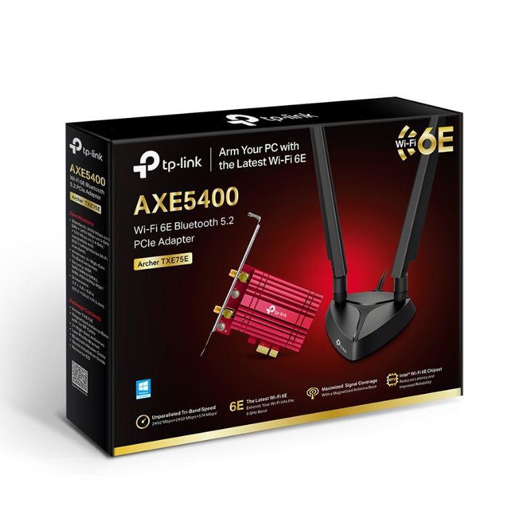 ADAPTOR RETEA TP-LINK AXE5400, extern wireless 2.4 GHz | 5 GHz | 6GHz, PCI-E port, 5400 Mbps, WI-FI 6E si Bluetooth 5.3, antena externa x 2, 