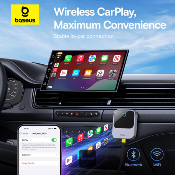 ADAPTOR CARPLAY wireless Baseus SafeJourney, transforma conexiunea Apple carplay cu fir in wireless, BT 5.0, conexiune auto USB Type-C sau USB 