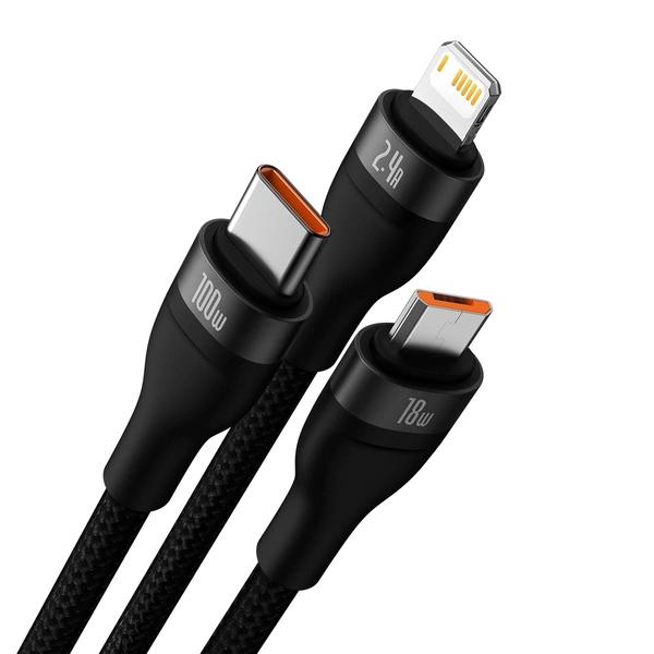 CABLU alimentare si date Baseus Flash, One-for-three Retractable, pt smartphone,USB la Micro-USB+Lightning + USB Type-C 100W, 1.2m, negru 
