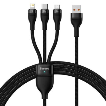 CABLU alimentare si date Baseus Flash, One-for-three Retractable, pt smartphone,USB la Micro-USB+Lightning + USB Type-C 100W, 1.2m, negru 