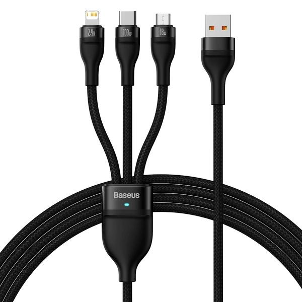 CABLU alimentare si date Baseus Flash, One-for-three Retractable, pt smartphone,USB la Micro-USB+Lightning + USB Type-C 100W, 1.2m, negru 