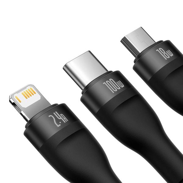 CABLU alimentare si date Baseus Flash, One-for-three Retractable, pt smartphone,USB la Micro-USB+Lightning + USB Type-C 100W, 1.2m, negru 