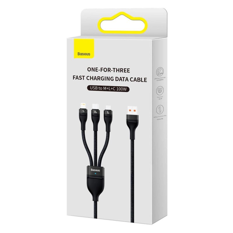 CABLU alimentare si date Baseus Flash, One-for-three Retractable, pt smartphone,USB la Micro-USB+Lightning + USB Type-C 100W, 1.2m, negru 