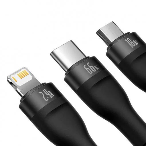 CABLU alimentare si date Baseus Flash, One-for-three Retractable, pt smartphone,USB la Micro-USB+Lightning + USB Type-C 66W, 1.2m, negru 