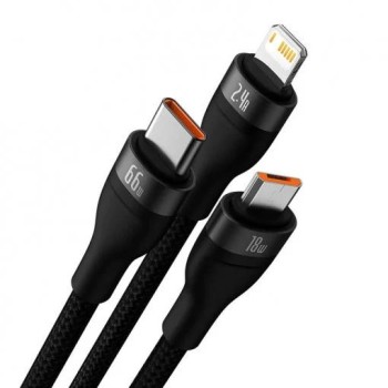 CABLU alimentare si date Baseus Flash, One-for-three Retractable, pt smartphone,USB la Micro-USB+Lightning + USB Type-C 66W, 1.2m, negru 
