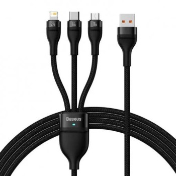 CABLU alimentare si date Baseus Flash, One-for-three Retractable, pt smartphone,USB la Micro-USB+Lightning + USB Type-C 66W, 1.2m, negru 