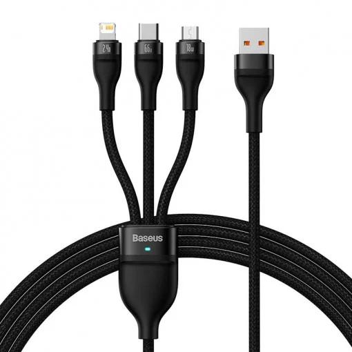 CABLU alimentare si date Baseus Flash, One-for-three Retractable, pt smartphone,USB la Micro-USB+Lightning + USB Type-C 66W, 1.2m, negru 