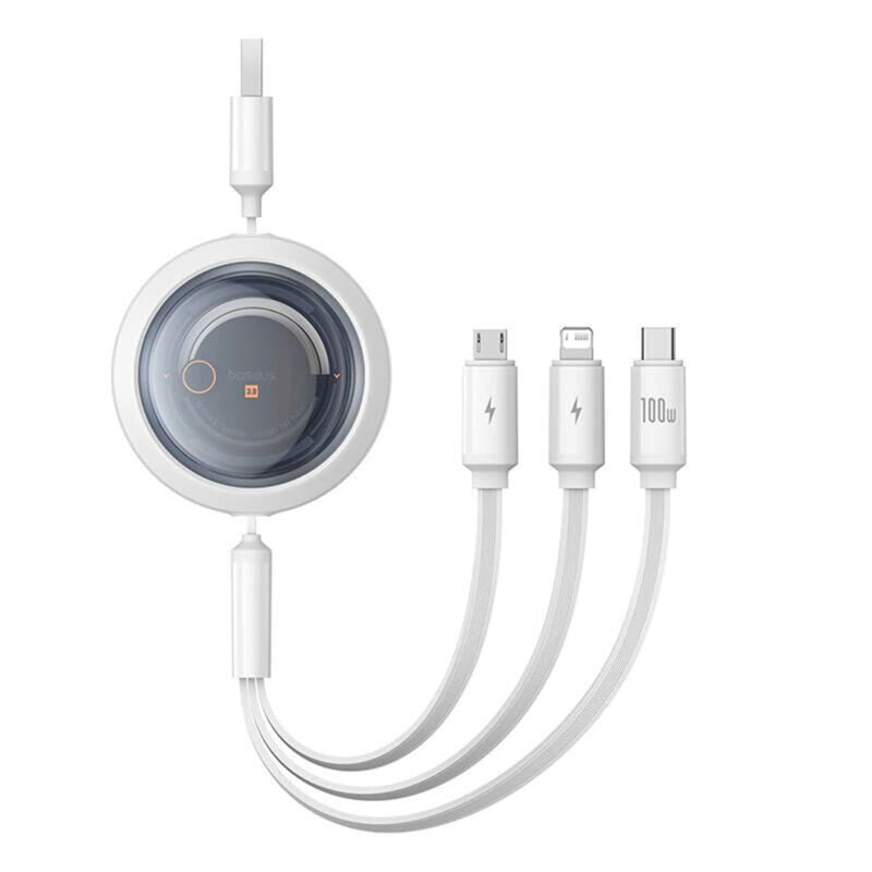 CABLU alimentare si date Baseus Free2Draw, Fast Charging Data Cable pt. smartphone, retractabil, USB la Micro-USB+Lightning + USB Type-C 100W, 1.1m, alb 