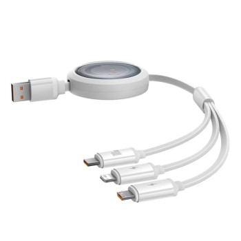 CABLU alimentare si date Baseus Free2Draw, Fast Charging Data Cable pt. smartphone, retractabil, USB la Micro-USB+Lightning + USB Type-C 100W, 1.1m, alb 