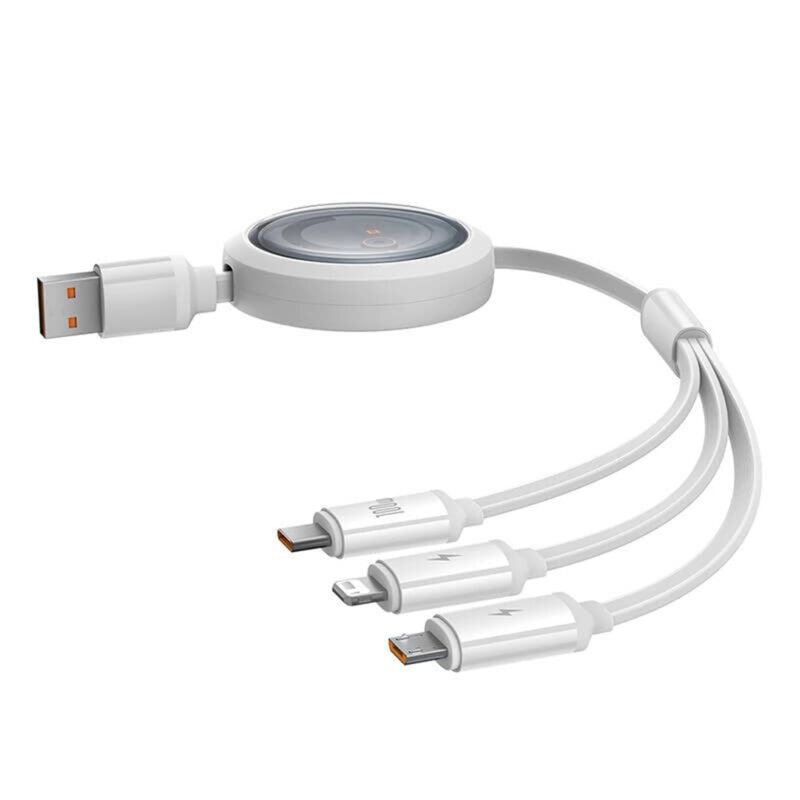 CABLU alimentare si date Baseus Free2Draw, Fast Charging Data Cable pt. smartphone, retractabil, USB la Micro-USB+Lightning + USB Type-C 100W, 1.1m, alb 