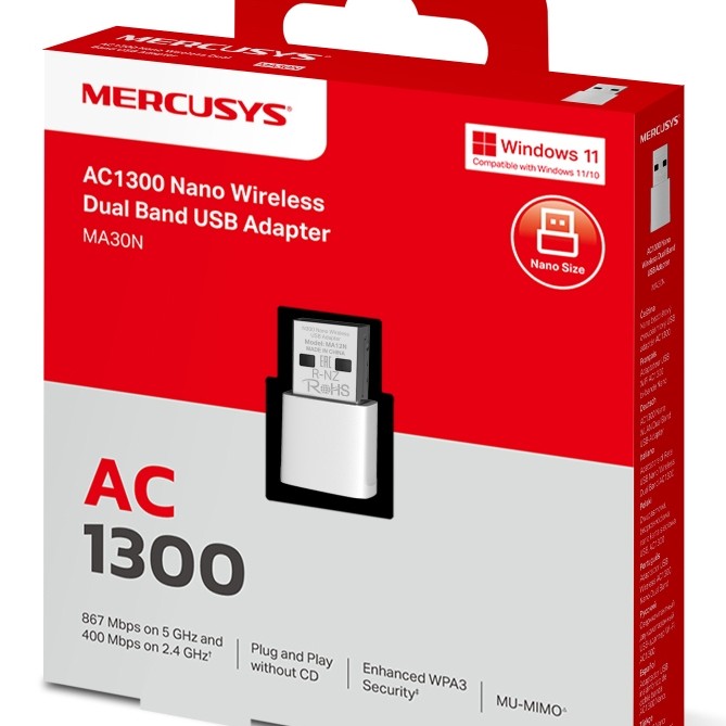 ADAPTOR RETEA MERCUSYS, nano AC1300 extern wireless 2.4 GHz | 5 GHz, USB 2.0, 1300 Mbps, alb, 
