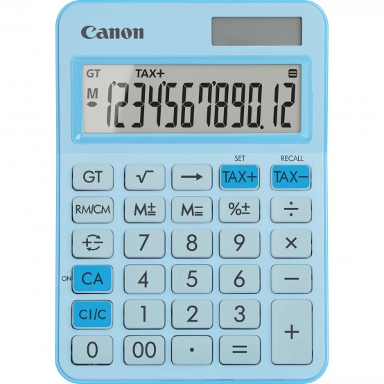 Calculator de birou Canon, LS-125KB PBL, Pastel Blue, LCD 12-digit, dim.car. 18.6 mm, Dual-Power (solara si baterie LR44), dim. 147x106x25mm, 117g, (incl.TV 0.80lei),
