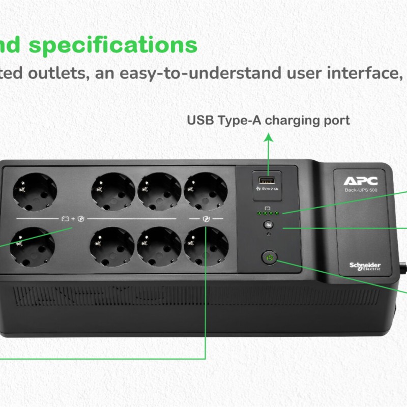 APC Back-UPS 500VA 8 schuko outlets 230V 1 USB charging port 