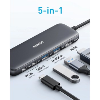 DOCKING Station Anker 5-in-1, porturi: 2 x USB-C, 2 x USB-A, HDMI 4K la 30Hz, 5 Gbps, PD 85W, conectare prin USB-C, gri, 