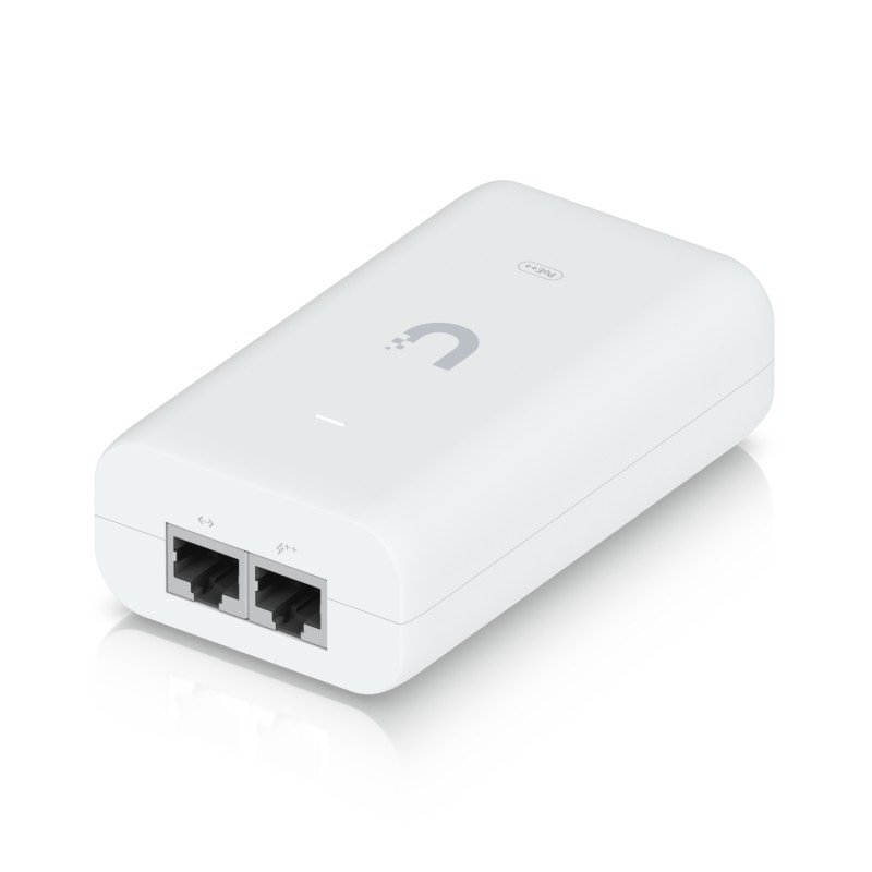UBIQUITI PoE++ Adapter; Delivers up to 60W of PoE++; Surge, peak pulse, and overcurrent protection; Contains RJ45 data input, AC cable with earth ground, and PoE++ output; LED indicator for status monitoring. 