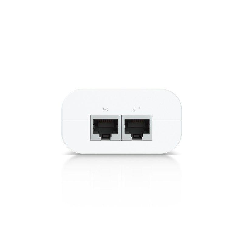 UBIQUITI PoE++ Adapter; Delivers up to 60W of PoE++; Surge, peak pulse, and overcurrent protection; Contains RJ45 data input, AC cable with earth ground, and PoE++ output; LED indicator for status monitoring. 