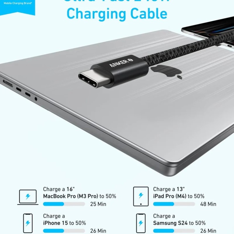 Cablu alimentare si date Anker Zolo, 1m, USB Type-C (T) la USB Type-C (T), 240W, invelis nylon, braided, negru 