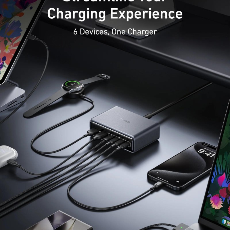 Alimentator retea Anker, 200W, GaN, 4 x USB-C, 2 x USB-A, QC, PD, argintiu, 