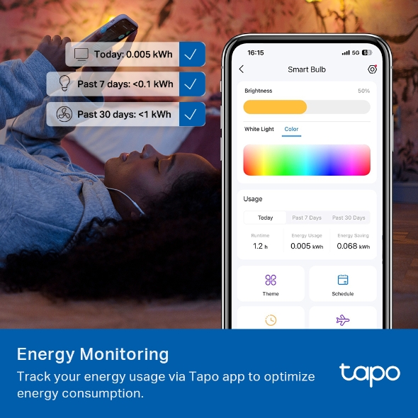 BEC LED wireless TP-LINK, 1055lm, 8.6W, E27, intensitate reglabila, control prin smartph.cu apl.Tapo, ajustare auto a luminii in fct. de mom zilei-diferite culori 