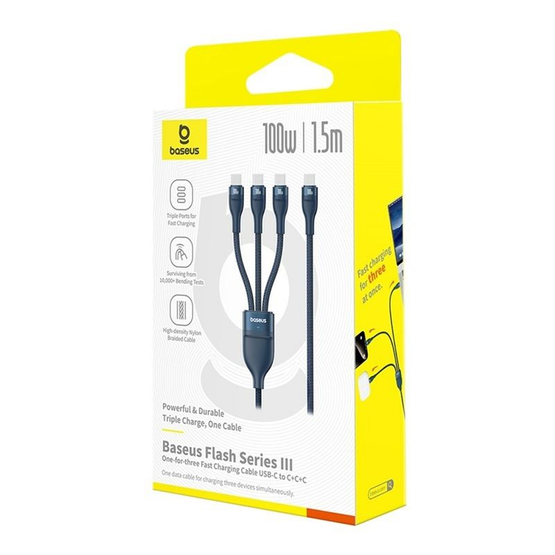 CABLU alimentare si date Baseus One-for-three, Fast Charging Data Cable pt. smartphone, USB Type-C la 3 x USB Type-C 100W, 1.5m, albastru 