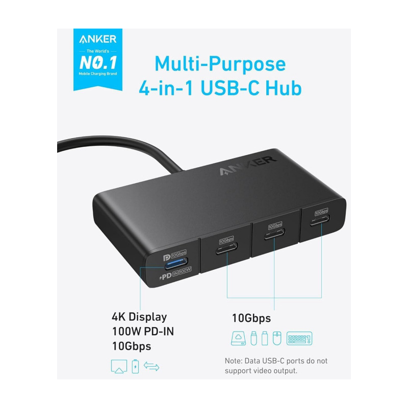 HUB Anker, 4-in-1, USB-C x 4 porturi, incarcare prin USB Type-C, viteza 10 Gbps, conectare prin USB-C, 100W PD in, 85W PD out, gri, 