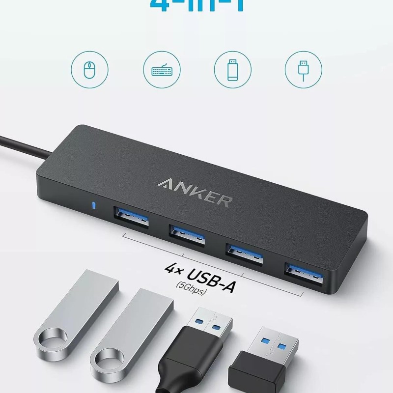 HUB Anker, 4-in-1, USB 3.0 x 4 porturi, incarcare prin USB Type-C, viteza 5 Gbps, conectare prin USB-C, negru, 