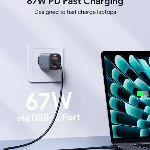 Alimentator retea Aukey, PA-B6U GR, 67W, fast charge, 1 x USB-A, 2 x USB-C, gri, 