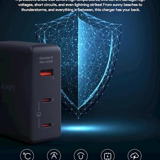 Alimentator retea Aukey, PA-B7O BK, 140W, fast charge, 2 x USB-C, 1 x USB-A, negru, 