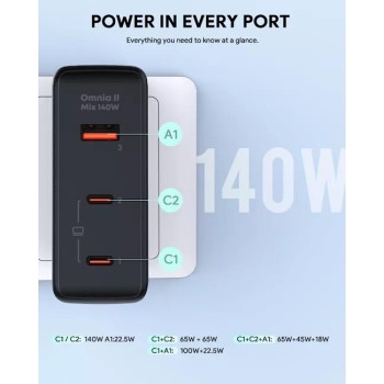 Alimentator retea Aukey, PA-B7O BK, 140W, fast charge, 2 x USB-C, 1 x USB-A, negru, 