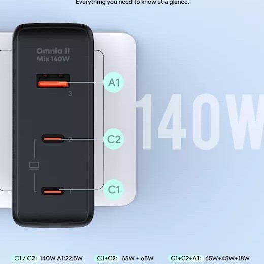 Alimentator retea Aukey, PA-B7O BK, 140W, fast charge, 2 x USB-C, 1 x USB-A, negru, 