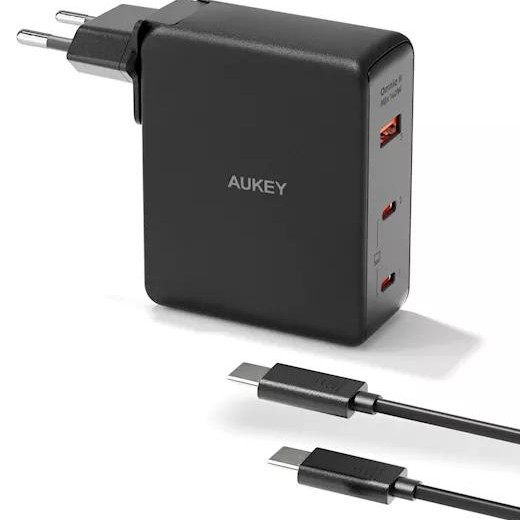 Alimentator retea Aukey, PA-B7O BK, 140W, fast charge, 2 x USB-C, 1 x USB-A, negru, 