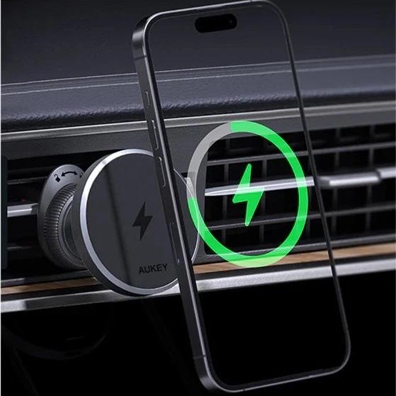 Alimentator Smartphone auto Aukey, HD-MC13, 15W, fast charge, suport prindere ventilatie, magnetic, alimentare prin UCB-C, 1 x USB-C, negru, 
