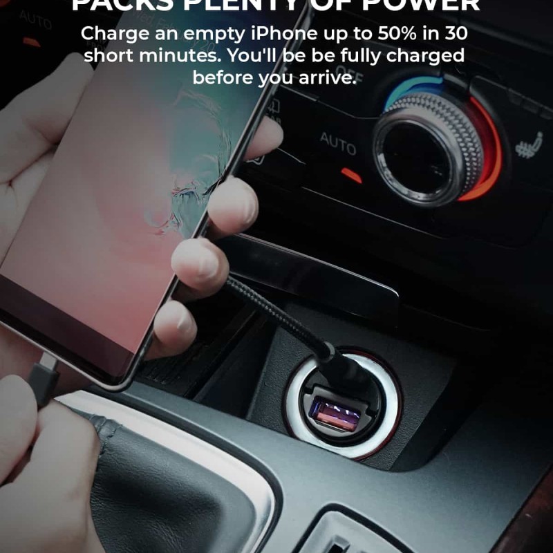 Alimentator Smartphone auto Aukey, CC-A3, 30W, fast charge, alimentare bricheta, 1 x USB-C, 1 x USB-A, negru, 